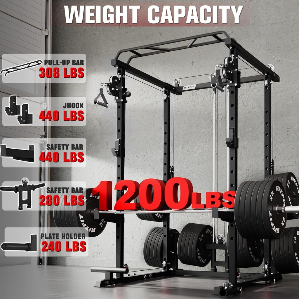 Multi-Function Garage & Home Gym Package Includes 1200LBS Power Cage PPC03/P3 with Cable Crossover System, Weight Bench, Olympic Barbell Weight Set, Full Body Workout