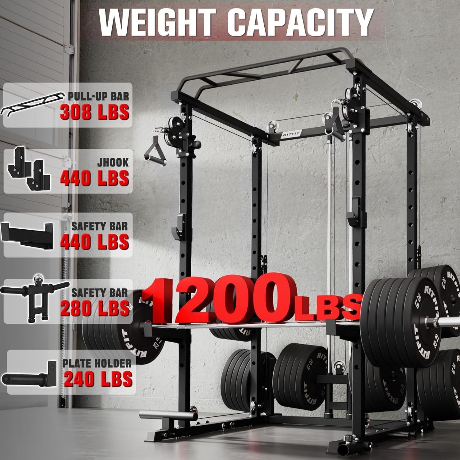 Multi-Function Garage & Home Gym Package Includes 1200LBS Power Cage PPC03/P3 with Cable Crossover System, Weight Bench, Olympic Barbell Weight Set, Full Body Workout