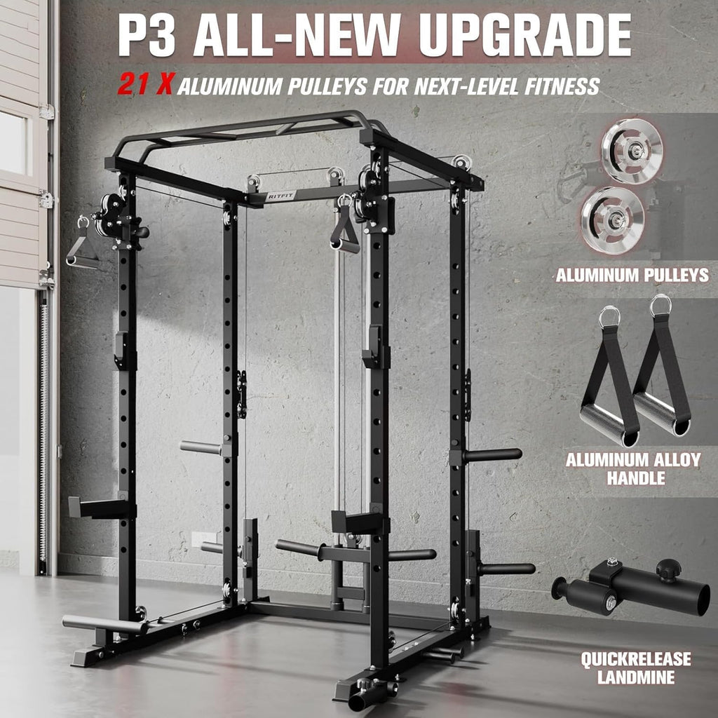 Multi-Function Garage & Home Gym Package Includes 1200LBS Power Cage PPC03/P3 with Cable Crossover System, Weight Bench, Olympic Barbell Weight Set, Full Body Workout