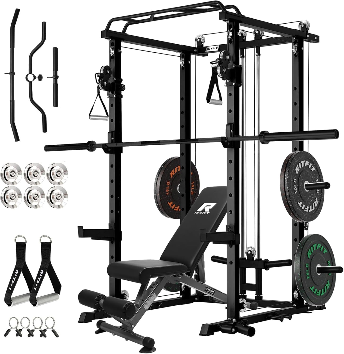 Multi-Function Garage & Home Gym Package Includes 1200LBS Power Cage PPC03/P3 with Cable Crossover System, Weight Bench, Olympic Barbell Weight Set, Full Body Workout