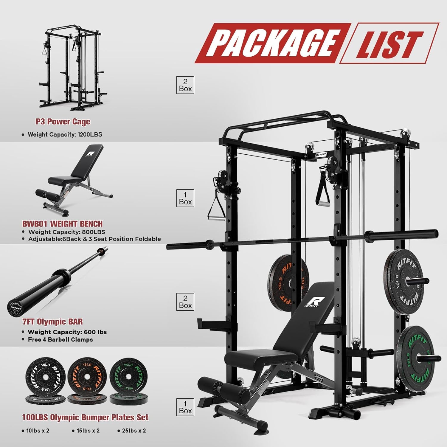 Multi-Function Garage & Home Gym Package Includes 1200LBS Power Cage PPC03/P3 with Cable Crossover System, Weight Bench, Olympic Barbell Weight Set, Full Body Workout